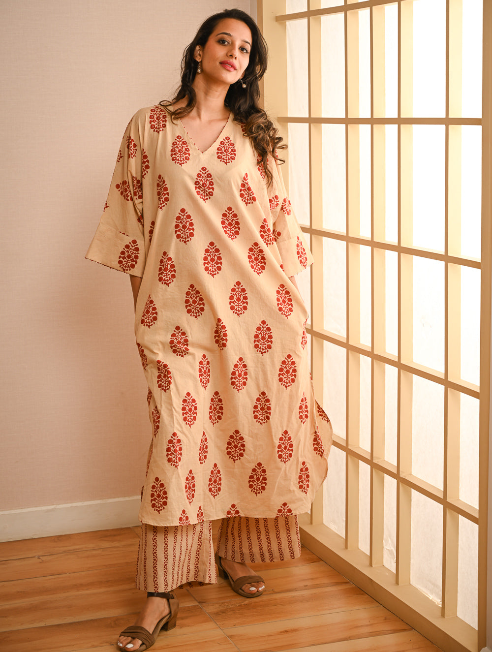 Work Chic. Sanganer Block Printed Ultra Loose Fit Cotton Kurta Set - Red Ornate (Set of 2)