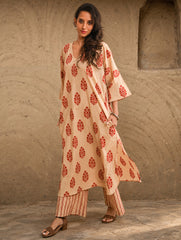 Work Chic. Sanganer Block Printed Ultra Loose Fit Cotton Kurta Set - Red Ornate (Set of 2)
