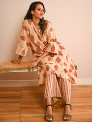 Work Chic. Sanganer Block Printed Ultra Loose Fit Cotton Kurta Set - Red Ornate (Set of 2)