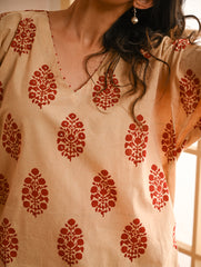 Work Chic. Sanganer Block Printed Ultra Loose Fit Cotton Kurta Set - Red Ornate (Set of 2)