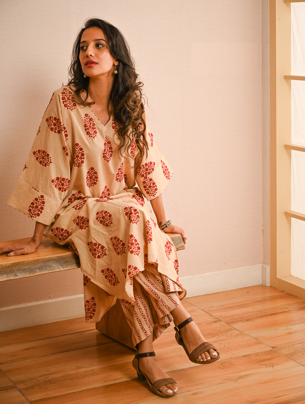 Work Chic. Sanganer Block Printed Ultra Loose Fit Cotton Kurta Set - Red Ornate (Set of 2)