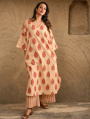 Work Chic. Sanganer Block Printed Ultra Loose Fit Cotton Kurta Set - Red Ornate (Set of 2)