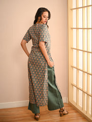 Work Chic. Sanganer Block Printed Straight Fit Cotton Kurta Set - Teal Rosa (Set of 2)