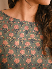 Work Chic. Sanganer Block Printed Straight Fit Cotton Kurta Set - Teal Rosa (Set of 2)
