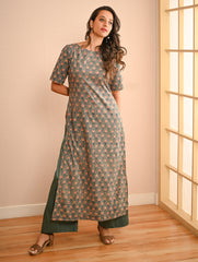 Work Chic. Sanganer Block Printed Straight Fit Cotton Kurta Set - Teal Rosa (Set of 2)