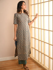 Work Chic. Sanganer Block Printed Straight Fit Cotton Kurta Set - Teal Rosa (Set of 2)