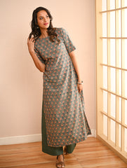 Work Chic. Sanganer Block Printed Straight Fit Cotton Kurta Set - Teal Rosa (Set of 2)