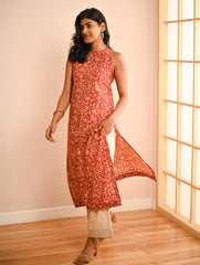 Work Chic. Bagru Block Printed Straight Fit Cotton Kurta Set - Brick Vines (Set of 2)