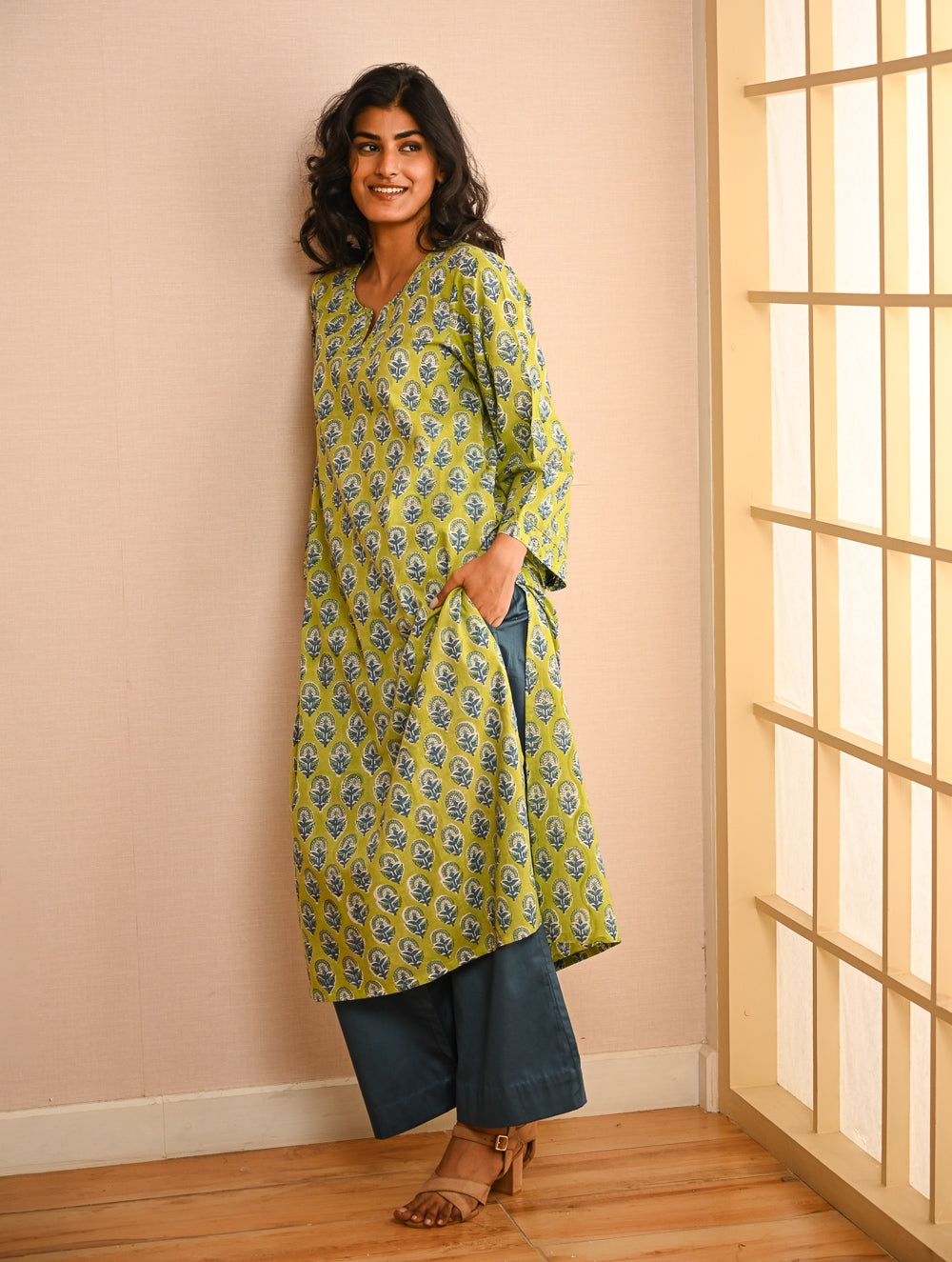 Work Chic. Sanganer Block Printed Loose Fit Cotton Kurta Set - Lime Vibes (Set of 2)