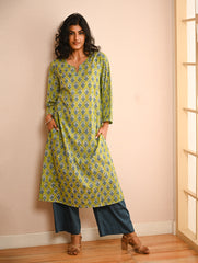 Work Chic. Sanganer Block Printed Loose Fit Cotton Kurta Set - Lime Vibes (Set of 2)