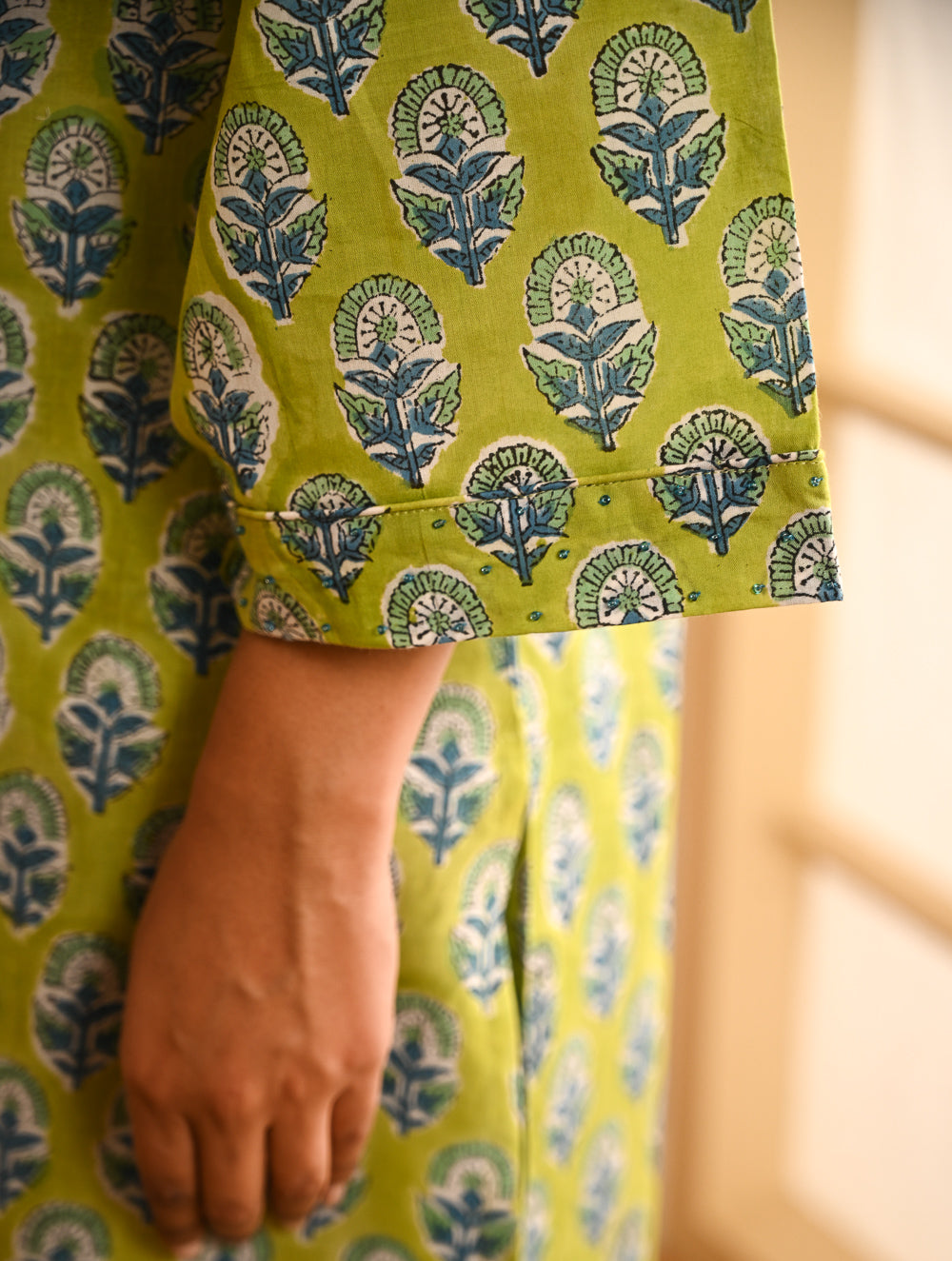 Work Chic. Sanganer Block Printed Loose Fit Cotton Kurta Set - Lime Vibes (Set of 2)