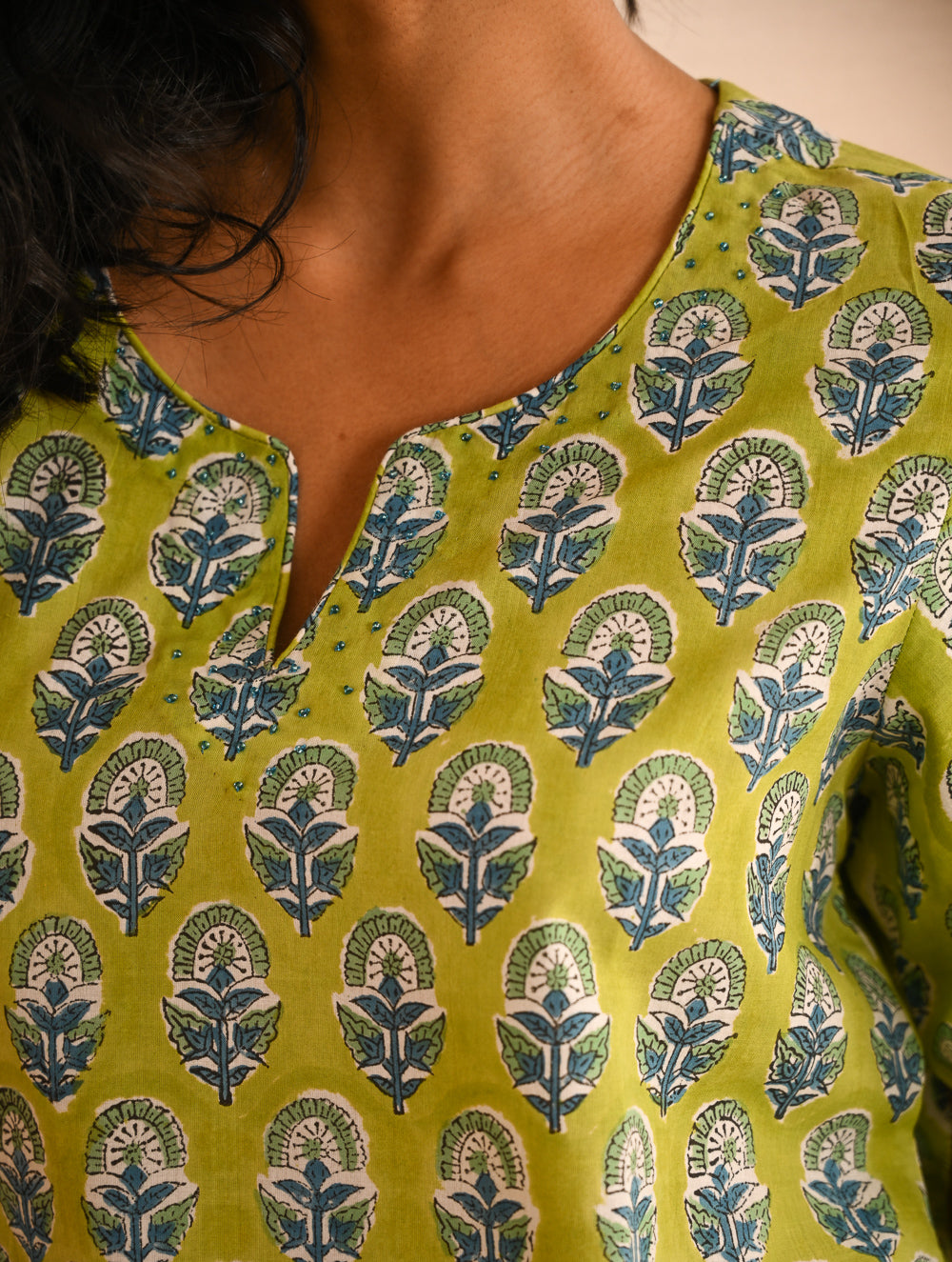 Work Chic. Sanganer Block Printed Loose Fit Cotton Kurta Set - Lime Vibes (Set of 2)