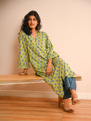 Work Chic. Sanganer Block Printed Loose Fit Cotton Kurta Set - Lime Vibes (Set of 2)