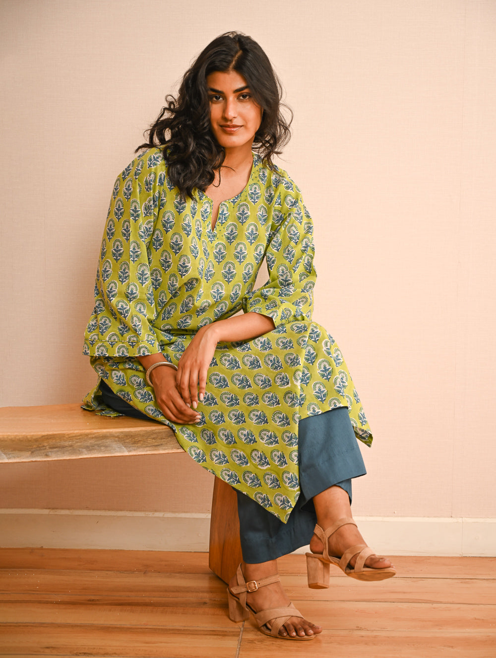 Work Chic. Sanganer Block Printed Loose Fit Cotton Kurta Set - Lime Vibes (Set of 2)
