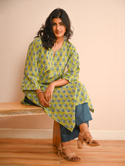 Work Chic. Sanganer Block Printed Loose Fit Cotton Kurta Set - Lime Vibes (Set of 2)