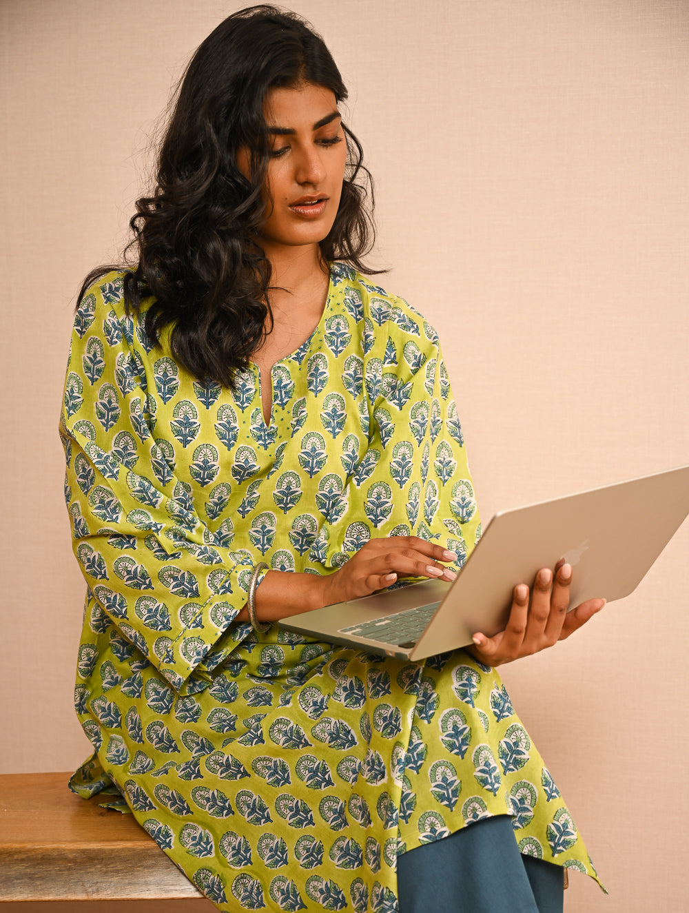 Work Chic. Sanganer Block Printed Loose Fit Cotton Kurta Set - Lime Vibes (Set of 2)