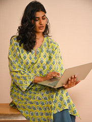 Work Chic. Sanganer Block Printed Loose Fit Cotton Kurta Set - Lime Vibes (Set of 2)