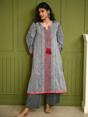 Ethnic Weaves. Bengal Handwoven Jamdani Light & Soft Mul Cotton Loose Fit Kurta - Soft Grey, (2 pc set)