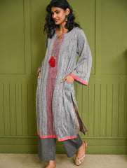 Ethnic Weaves. Bengal Handwoven Jamdani Light & Soft Mul Cotton Loose Fit Kurta - Soft Grey, (2 pc set)