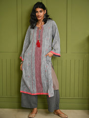 Ethnic Weaves. Bengal Handwoven Jamdani Light & Soft Mul Cotton Loose Fit Kurta - Soft Grey, (2 pc set)