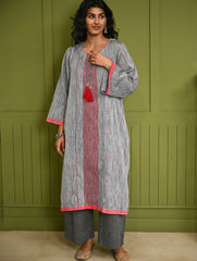 Ethnic Weaves. Bengal Handwoven Jamdani Light & Soft Mul Cotton Loose Fit Kurta - Soft Grey, (2 pc set)