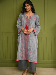 Ethnic Weaves. Bengal Handwoven Jamdani Light & Soft Mul Cotton Loose Fit Kurta - Soft Grey, (2 pc set)