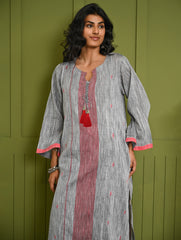 Ethnic Weaves. Bengal Handwoven Jamdani Light & Soft Mul Cotton Loose Fit Kurta - Soft Grey, (2 pc set)