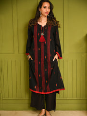 Ethnic Weaves. Bengal Handwoven Jamdani Light & Soft Mul Cotton Loose Fit Kurta - Stunning Black, (2 pc set)
