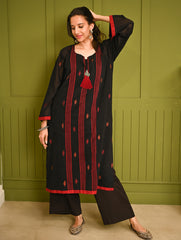 Ethnic Weaves. Bengal Handwoven Jamdani Light & Soft Mul Cotton Loose Fit Kurta - Stunning Black, (2 pc set)
