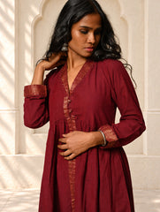 Regal Elegance. Mangalgiri Cotton Long Dress / Kurta Set - Deep Wine, (2 pc set)