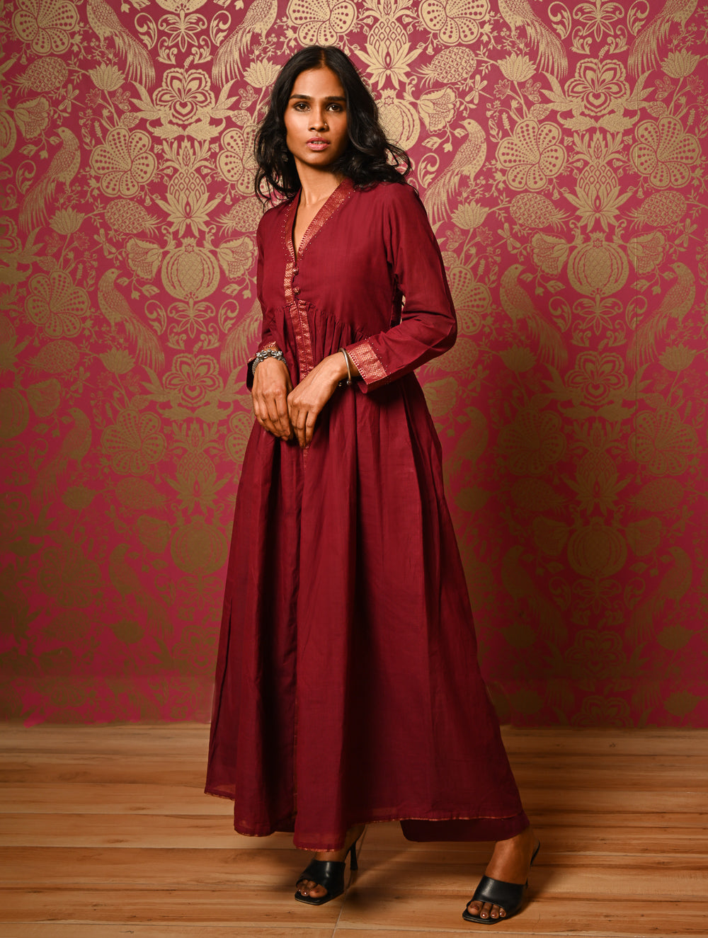 Regal Elegance. Mangalgiri Cotton Long Dress / Kurta Set - Deep Wine, (2 pc set)