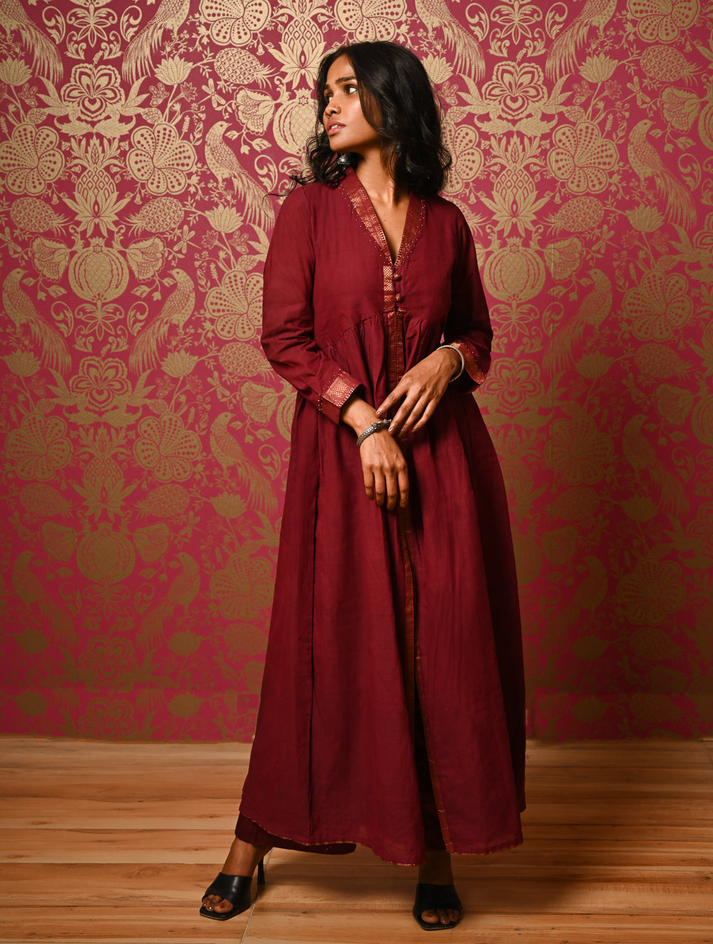 Regal Elegance. Mangalgiri Cotton Long Dress / Kurta Set - Deep Wine, (2 pc set)