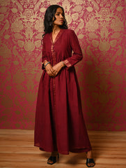 Regal Elegance. Mangalgiri Cotton Long Dress / Kurta Set - Deep Wine, (2 pc set)