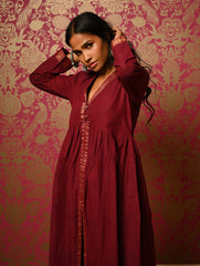 Regal Elegance. Mangalgiri Cotton Long Dress / Kurta Set - Deep Wine, (2 pc set)