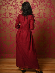 Regal Elegance. Mangalgiri Cotton Long Dress / Kurta Set - Deep Wine, (2 pc set)