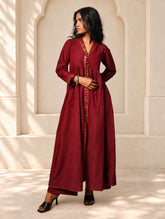 Regal Elegance. Mangalgiri Cotton Long Dress / Kurta Set - Deep Wine, (2 pc set)