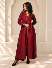 Regal Elegance. Mangalgiri Cotton Long Dress / Kurta Set - Deep Wine, (2 pc set)