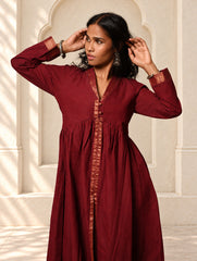 Regal Elegance. Mangalgiri Cotton Long Dress / Kurta Set - Deep Wine, (2 pc set)