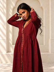 Regal Elegance. Mangalgiri Cotton Long Dress / Kurta Set - Deep Wine, (2 pc set)