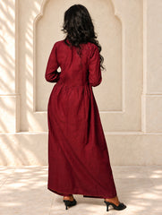 Regal Elegance. Mangalgiri Cotton Long Dress / Kurta Set - Deep Wine, (2 pc set)