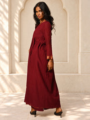 Regal Elegance. Mangalgiri Cotton Long Dress / Kurta Set - Deep Wine, (2 pc set)