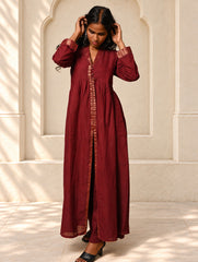 Regal Elegance. Mangalgiri Cotton Long Dress / Kurta Set - Deep Wine, (2 pc set)