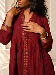 Regal Elegance. Mangalgiri Cotton Long Dress / Kurta Set - Deep Wine, (2 pc set)