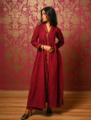 Regal Elegance. Mangalgiri Cotton Long Dress / Kurta Set - Deep Wine, (2 pc set)