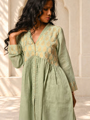 Regal Elegance. Benaras Cotton Long Dress / Kurta Set - Mint Ornate, (2 pc set)