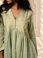Regal Elegance. Benaras Cotton Long Dress / Kurta Set - Mint Ornate, (2 pc set)