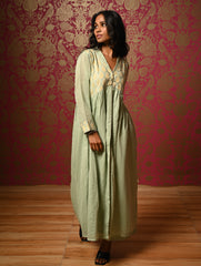 Regal Elegance. Benaras Cotton Long Dress / Kurta Set - Mint Ornate, (2 pc set)