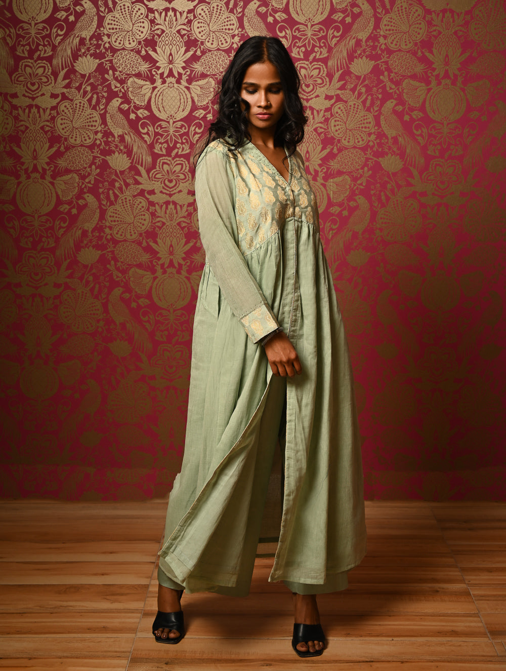 Regal Elegance. Benaras Cotton Long Dress / Kurta Set - Mint Ornate, (2 pc set)