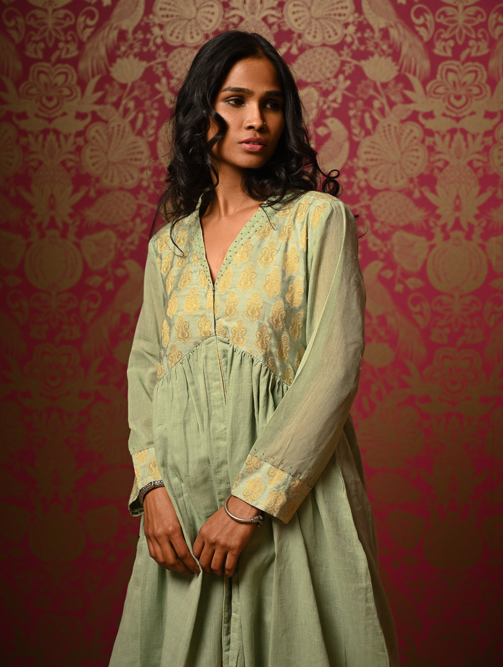 Regal Elegance. Benaras Cotton Long Dress / Kurta Set - Mint Ornate, (2 pc set)