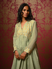 Regal Elegance. Benaras Cotton Long Dress / Kurta Set - Mint Ornate, (2 pc set)